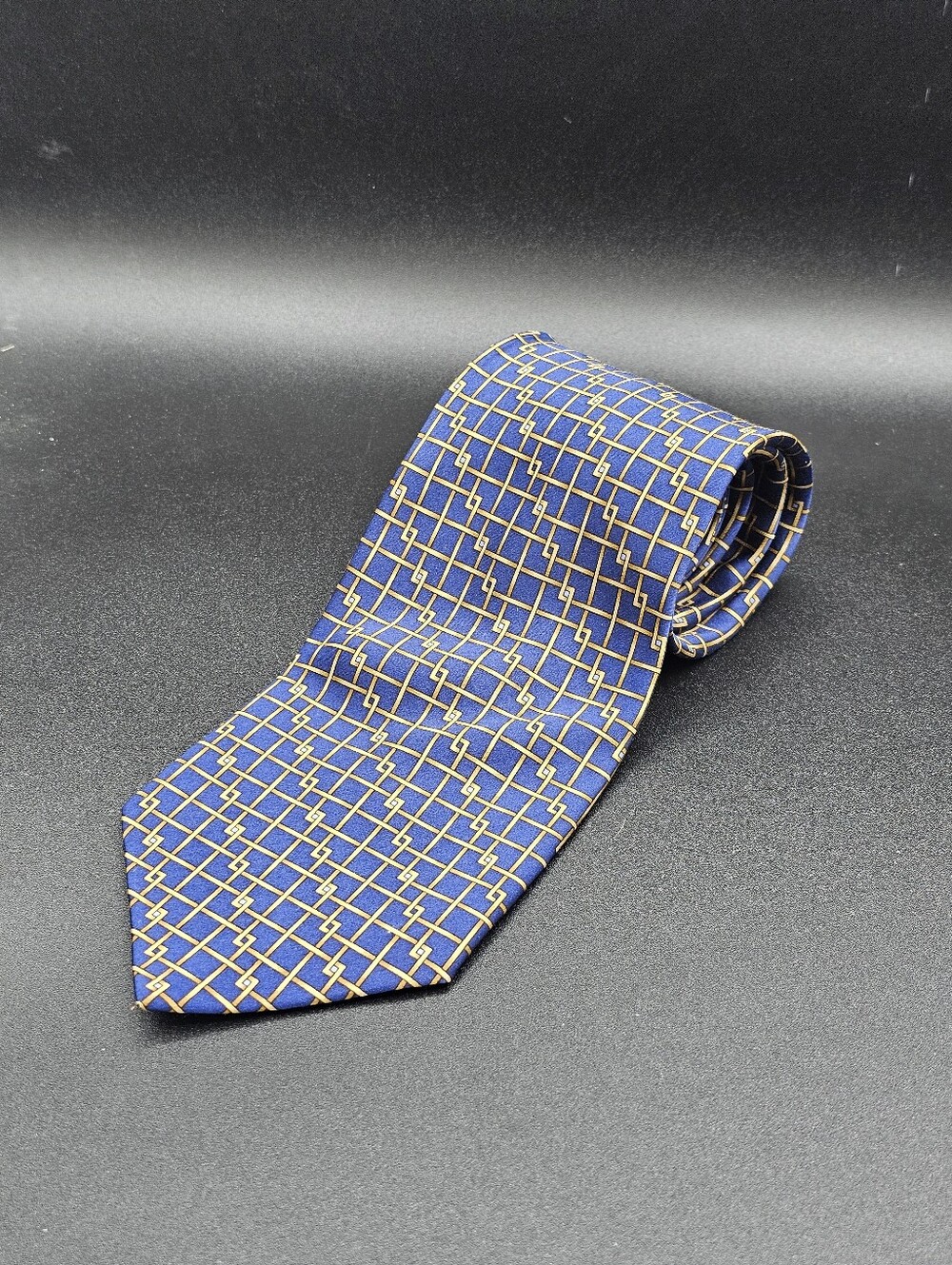 ​Ziggurat by Mulberry Neckwear Men's Blue Gold Geometric Woven Silk Necktie
